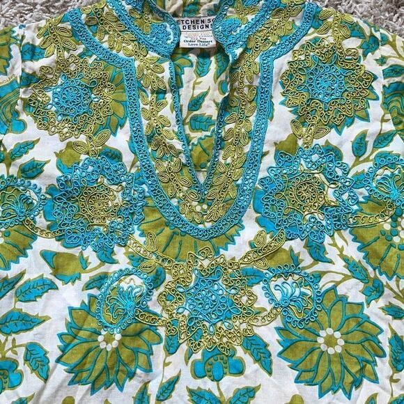 GRETCHEN SCOTT DESIGNS Embroidered Green White & Aqua Foliage Tunic Pullover XS - Picture 3 of 16